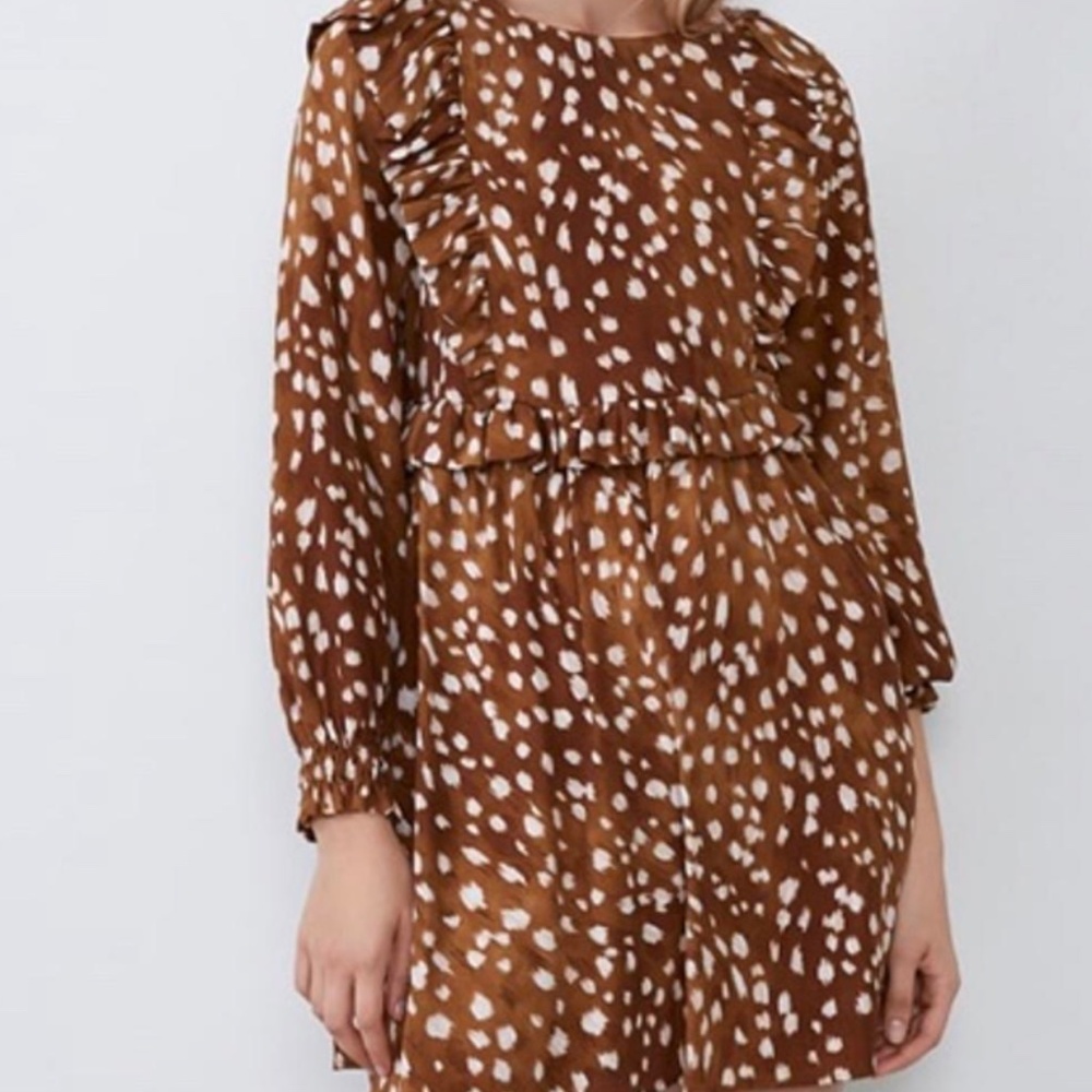 Zara Ruffle Long Sleeve Deer Print Dress | Size XS